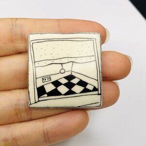 RARE Vtg Fina Flor '89 Pin Brooch Black and White Room Floor Tile Square Ceramic